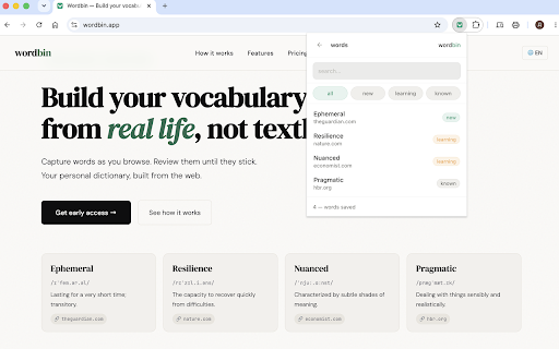 Wordbin — Vocabulary Builder & Flashcards from Any Page :: Save words while you read. AI fills in the definition, translation and example. Spaced repetition helps you remember.