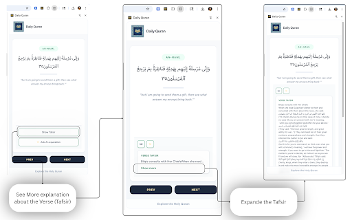 Daily Quran :: Read and navigate Quranic verses in a side panel with tafsir and AI reflection.