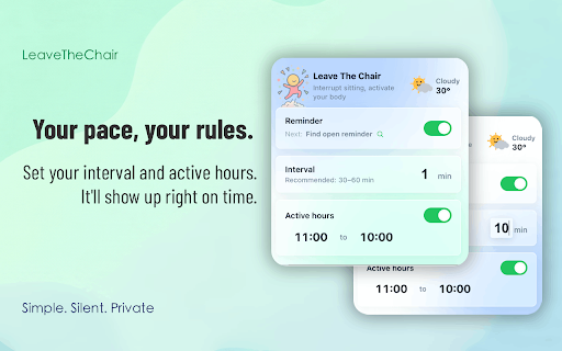 Stand Up Reminder - LeaveTheChair :: LeaveTheChair gently reminds you to stand up after sitting too long. Active-tab alerts, custom intervals, local data.