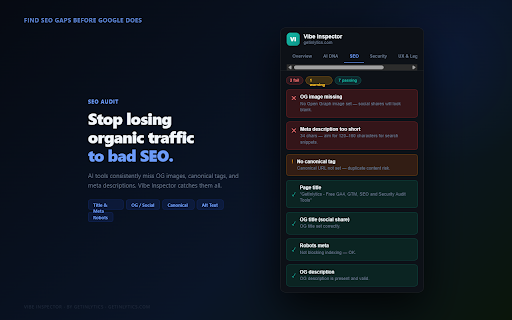 Vibe Inspector by GetInlytics :: Pre-launch audit for vibe-coded sites. Detects AI builder, checks SEO, UX, security & consent banner. Free by GetInlytics.