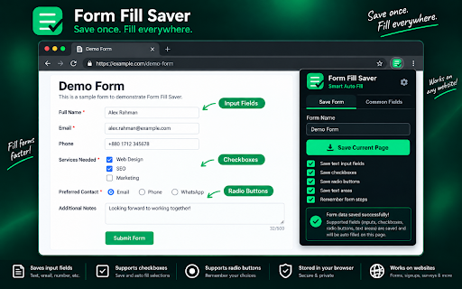 Form Fill Saver - Smart Auto Fill :: Save and restore web forms with step memory, BDRIS dropdown support, common fields, dynamic trials and HridoyIT licensing.