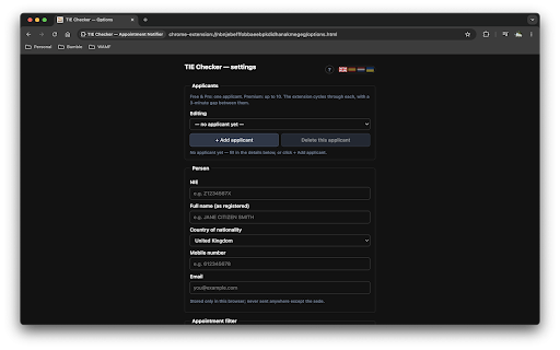 TIE Checker — Appointment Notifier :: Checks Spanish Cita Previa Extranjería for appointment availability and notifies you when slots open.