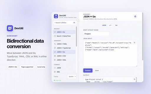 DevUtil – JSON Formatter & Developer Tools :: A local developer toolbox for formatting, converting, encoding, and generating data directly in your browser.
