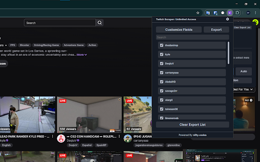 Twitch Scraper: Export Channels, Streams, Chat & more :: Scrape Clips, Schedules, Users, and more from Twitch, with options to export in formats such as CSV, Excel, JSON and others