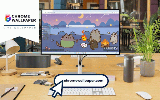 Pusheen Camping Live Wallpaper :: Pusheen and cat friends roasting marshmallows by campfire at twilight lake with Loch Ness monster and constellation-filled sky.
