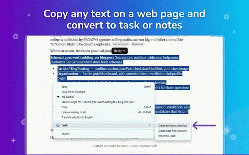 Task0 :: Save Task0 tasks and notes from any page, and import AI replies as a project.