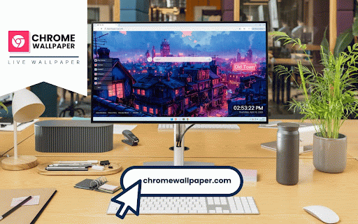 Old Town Rain Live Wallpaper :: Rain cascades over neon-lit rooftops as pink and blue hues illuminate nostalgic cityscape.