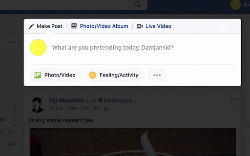 What am I pretending today? :: This extension replaces in Facebook the most displayed question 'What's on your mind today?' with 'What are you pretending today?'