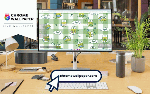 Keroppi Live Wallpaper :: Cheerful Keroppi frogs in various poses on green and white gingham pattern with cloud details.