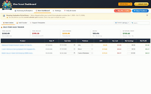 Vine Scout: Order Tracker & Review Manager for Amazon Vine™ :: Sync Amazon™ Vine™ data to your personal dashboard. Track orders, evaluate account status, track resales, and handle support.