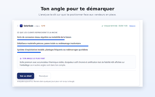 SellerScale :: Le score d'une niche Amazon en un coup d'œil, et ce que les acheteurs reprochent aux vendeurs en place.