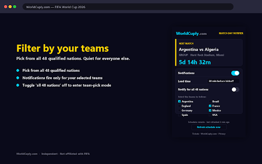 WorldCuply Match-Day Notifier :: Browser notifications 30 min before every FIFA World Cup 2026 match. Filter by team. Time-zone aware. By WorldCuply.com.