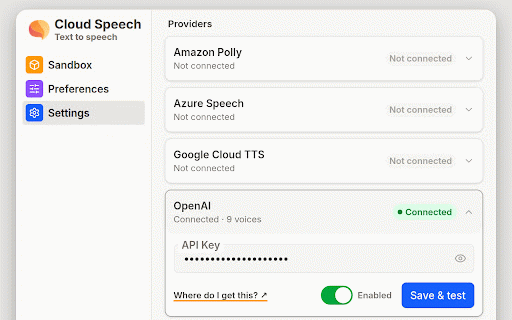 Cloud Speech :: Turn highlighted text into high-quality natural speech using multiple cloud providers.