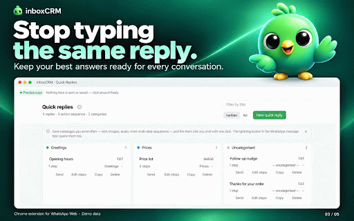 WhatsApp CRM – InboxCRM: Pipeline, Scheduler & Auto Reply for WhatsApp Web :: WhatsApp CRM for WhatsApp Web: kanban sales pipeline, contact notes & tags, quick replies, scheduled messages, chatbot & auto reply