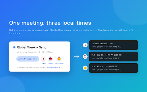 Meet URL Copier :: Copy just the Meet/Zoom link and time from Google Calendar in one click — no dial-in numbers or PINs. Auto time zones, 3 languages.
