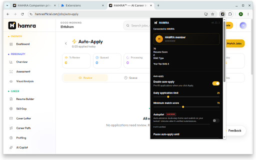 HAMRA Companion :: Career fit score on every job listing + one-click autofill across major job boards. Apply faster, only where you actually match.