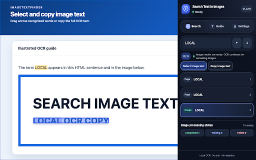 Search Text in Images – OCR Find & Copy | ImageTextFinder :: Search, select, and copy text in webpage images with Ctrl+F. Find page text and multilingual OCR results together, locally.