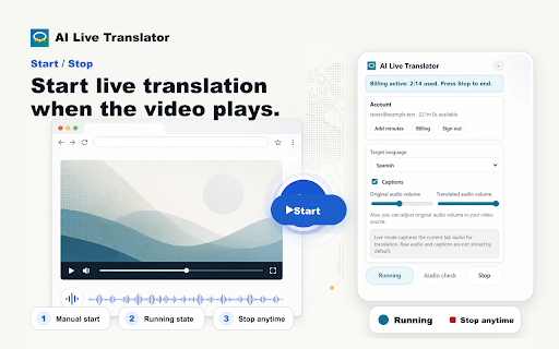 AI Live Translator :: Translate browser video and call audio live with translated speech and captions.
