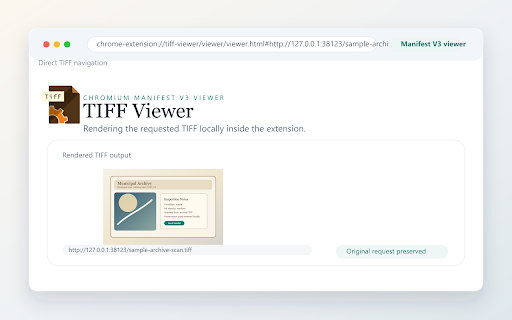 TIFF viewer :: Open TIFF/TIF images in Chromium browsers with inline page rendering and a dedicated Manifest V3 viewer.