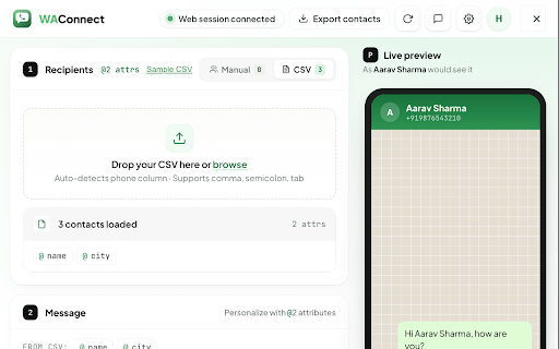 WA Free Bulk Sender — Messages, Images & Docs :: Send personalized WhatsApp messages to multiple contacts at once, directly from WhatsApp Web. No number saving needed.