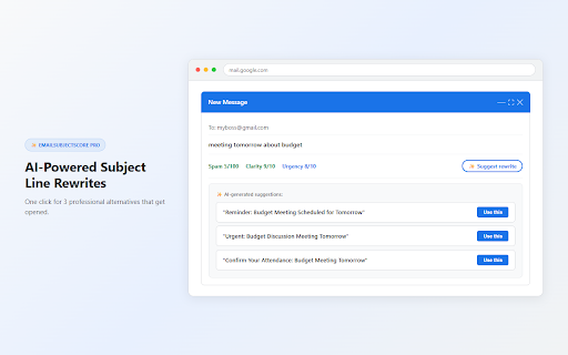 EmailSubjectScore Pro — Email Spam Risk & Subject Line Scorer for Gmail :: Score spam risk, clarity & open rate for every email subject line in Gmail. AI rewrite suggestions in one click. No data sent.