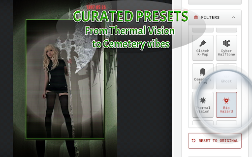 RawVamp: Dark Aesthetic Photo Editor, Y2K Glitch & Grunge Filter :: Edit photos in browser to apply 100+ dark aesthetic filters and add Y2K glitch & grunge effects by capturing tabs or right-clicking.