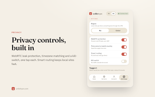 Unlist VPN - Free VPN :: Pick a country, route traffic smartly and protect your privacy, right in the browser. Free server works without signing in.