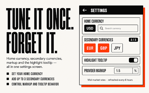 RATE — Currency Converter & Exchange Rates :: Highlight any price on any page to convert it instantly — 160+ currencies, BTC & ETH, mid-market rates.