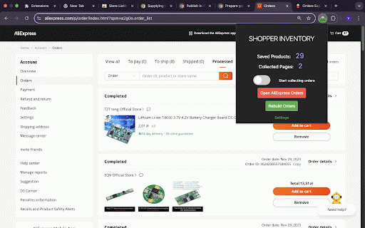 Aliexpress Shopper Inventory :: Easily collect and export your AliExpress orders to local .csv, .json, or .html files, or to Google Sheets via the clipboard.
