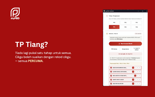 myPBD Assistant :: Cikgu, biar kami bantu pengisian PBD MOEIS SPPB untuk semua murid — mod semasa atau muat naik CSV. PERCUMA sepenuhnya.