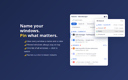 Taboom - Tabs Manager by ariva-tools :: Taboom - Privacy-first smart Tabs Manager to search, snooze, and protect Chrome tabs. Saves memory, runs fully locally.