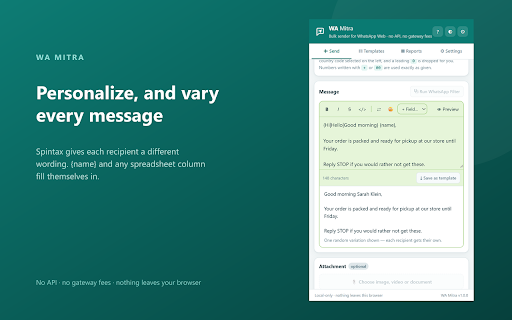 WA Mitra – WhatsApp Bulk Message Sender :: Bulk message sender for WhatsApp Web — personalization, delays, batching, number filter and Excel reports.