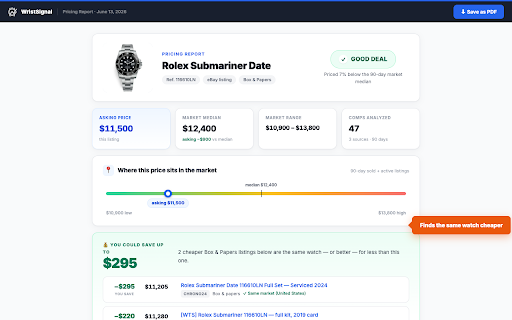 WristSignal: Watch Price Checker for eBay, Chrono24 & Reddit :: Instant BUY / FAIR / WATCH / SKIP price signals on watch listings, plus reports that find cheaper listings for the same watch.