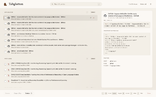 Tabglutton :: Devour a sprawling tab list: close duplicates, or save pages into your Obsidian vault and close them.