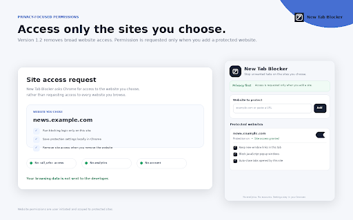 New Tab Blocker :: Stop selected websites opening unwanted tabs and popups while keeping normal Chrome new tabs working.