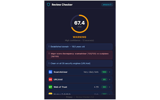 Review Checker :: Check any website's reputation. Aggregates reviews from Trustpilot, ScamAdviser and more.