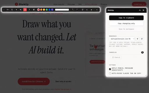 MarkUp: Annotate webpages, prompt AI agents :: Annotate live webpages and export structured change requests to AI coding assistants. Draw your changes instead of describing them.
