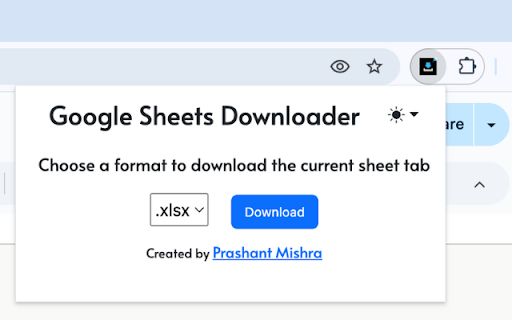 Google Sheets Downloader :: Download the current tab in Google Sheets as PDF or XLSX with one click. Created by Prashant Mishra, helping thousands of users.