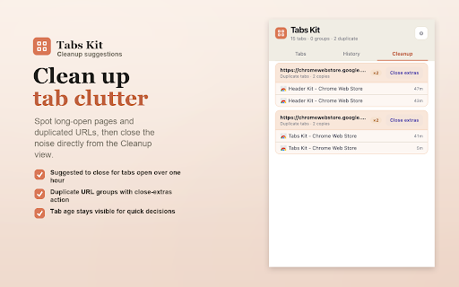 Tabs Kit :: Organize Chrome tab groups with local AI naming, fast ungrouping, history restore, search, and cleanup.