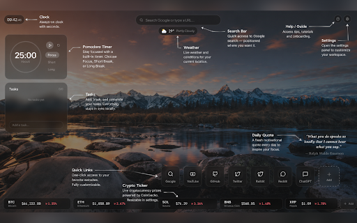 Minimal New Tab & Productivity Workspace | FlowDesk :: A beautiful new tab dashboard with clock, weather, crypto tracker, bookmarks, Pomodoro timer, and custom backgrounds.