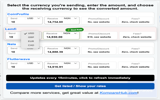 Compare Remittance Rates :: Compare real-time exchange rates for USD, GBP, EUR, and CAD to NGN, all in one place.