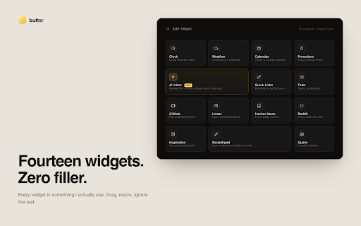 butter — buttery-smooth new tab :: A buttery-smooth new tab for developers. PRs, Linear issues, focus timer, notes — without the bloat.