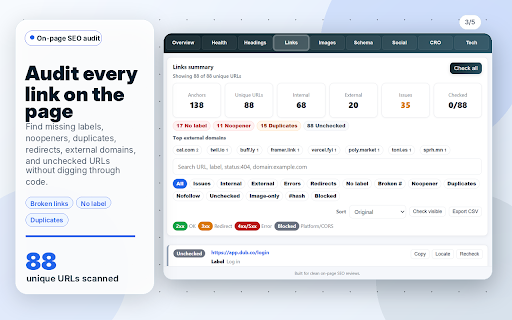 Technical SEO & CRO Audit: Site Health, Schema, Links, Images, Social, Tech :: Run technical SEO and CRO audits with site health, schema, link, image, social preview, and tech stack checks.