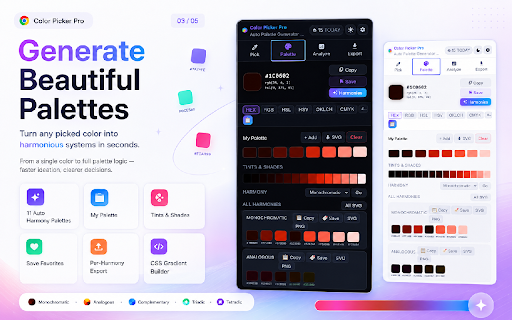 Color Picker Pro - Auto Palette Generator & Color Harmony :: Pick colors from any webpage instantly. Auto palette generator, 11 harmony types, WCAG contrast checker & design token export.