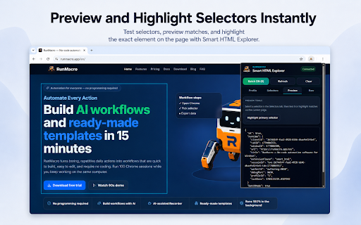 RunMacro Smart HTML :: Smart HTML selector, explorer, and recording bridge for RunMacro automation.