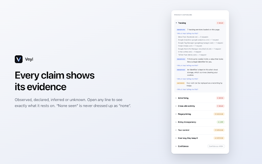 Veyl — Privacy Agent for the Web :: Veyl shows you what a website is actually doing with your data, in plain language, without ever sending your browsing anywhere.