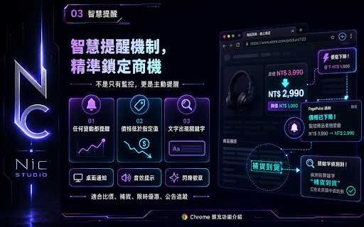網頁監控專家 by Nic 不只監控你在意的頁面價格,還可自訂金額提醒!以及關鍵字監控提醒功能 :: 監控任何網頁的任何區域,內容變動時即時通知你。並設有進階提醒功能:監控的價格數字低於多少或是出現關鍵字時通知你。