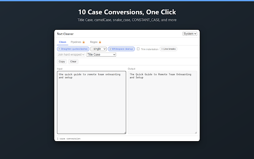 Text Cleaner: Case, Quotes & Line Breaks :: Clean up text you paste: fix case, line breaks, smart quotes & whitespace. Runs on-device; your text never leaves your browser.