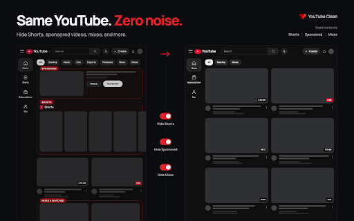 YouTube Clean: Hide Shorts & Recommendations :: Hide YouTube Shorts, recommendations, comments and ads. Customize the feed, player and sidebar with 60+ controls. Open source.