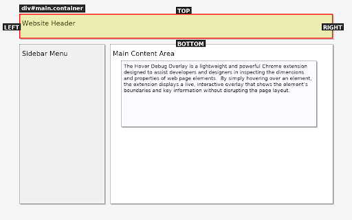 Hover Debug Overlay :: Show overlay with TOP/LEFT/RIGHT/BOTTOM on element hovered with optional element name